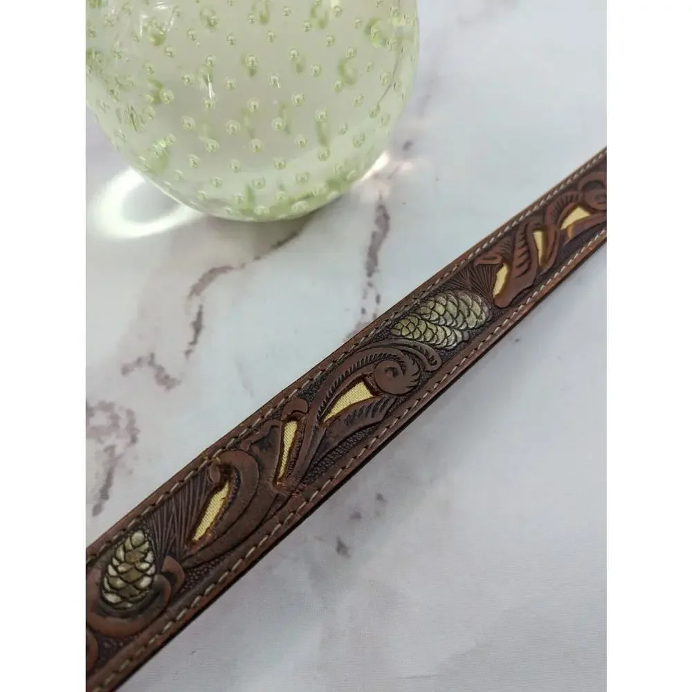 Vintage Concho Belt Womens 32 34 36 Pinecone Nature Brown Silver Tooled Leather
